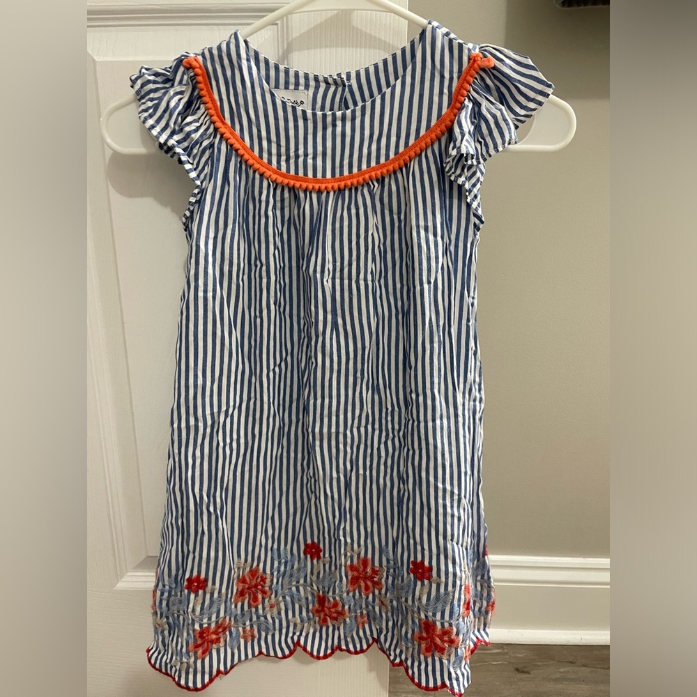 Pippa & Julie Blue and White Striped Kids Dress with orange Accents